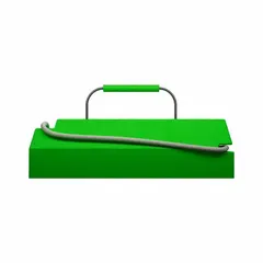 Urethane aircraft wheel chock, green, single chock. Overall dimensions: 20 in length, 8 in width, 5 3/4 in height. Used to secure aircraft during ground operations, preventing unintended movement on tarmacs, in hangars, and during maintenance.