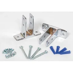 Zinc urinal screen bracket with bright finish for mounting urinal screens to plastic laminate partitions. Overall height 4 in, width 4-3/4 in. Includes (4) #14 x 2-1/2 in screws.