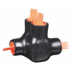 Aluminum double-sided entry multitap connector for dry locations. Accepts wire sizes from 14 AWG to 4 AWG. Used for splicing or tapping conductors in panelboards, junction boxes, and control enclosures.