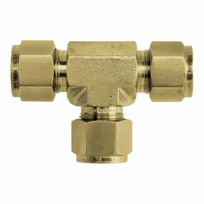 BRENNAN INDUSTRIES Compression Tee Fitting: 3/8 in OD x 3/8 in OD x 3/8 in OD Size - Clean & Bagged Double-Ferrule Brass Compression Fittings