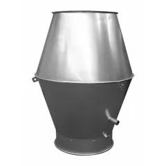 Steel jet cap for terminating exhaust ducts in ventilation systems. Fits 16-inch duct diameter with 16-inch inlet, 26 1/2-inch overall length, and 20-gauge material thickness. Includes screen to prevent debris entry and backdrafts.