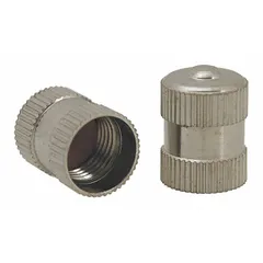 Round silver tire valve cap with grip-seal design. Overall length 1/2 in, compatible thread size 0.305-32. Seals and protects valve stems from dirt and moisture, helping maintain tire pressure. Used on automotive, industrial, and material handling tires.