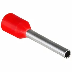 This insulated ferrule accepts up to 18 AWG stranded wire and holds one conductor. The red nylon insulation provides electrical isolation and color coding. It is used to terminate wire ends in terminal blocks, control panels, and industrial electrical connections, preventing fraying and ensuring reliable contact.
