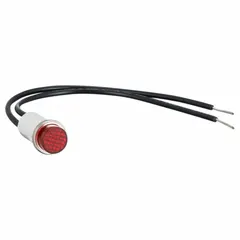 Incandescent indicator pilot light with raised head for panel mounting in a 12 mm diameter hole. Equipped with 6-inch wire leads for electrical connection. Used on industrial control panels and machinery to indicate power status or operational conditions.