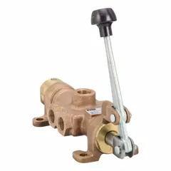 Four-way, three-position lever-operated manual air control valve with closed center and detent mechanism. Bronze body with 1/2 in female NPT ports. Used in pneumatic systems to direct compressed air flow to actuators, cylinders, or tools for start, stop, and hold functions.