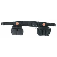 This padded tool belt from KLEIN TOOLS is designed for electricians. It features 27 pockets for organized tool storage and fits waist sizes 40 to 44 inches. The black belt provides a secure fit during daily electrical work.