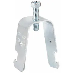 Steel conduit clamp with electroplated finish for securing 3/4 in trade size conduit to 1-5/8 in strut channels. Accommodates cable range of 0.570 in to 0.920 in. Suitable for mounting conduit runs in industrial and commercial electrical installations.