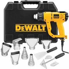 This heat gun operates on 120V AC with a two-prong plug and features surface temperature control with an LCD display. The pistol-grip design allows for precise heat adjustment. Typical applications include paint stripping, thawing frozen pipes, bending plastic, and shrink-wrapping.