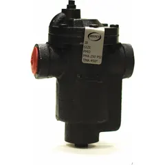 Standard inverted-bucket steam trap for automatic condensate drainage from steam lines. Cast iron construction with 1-inch FNPT connection, rated for 30 psi maximum pressure and 1000 lb/hr capacity. Designed for in-line horizontal installation; strainer not included. Suitable for steam distribution and HVAC systems.