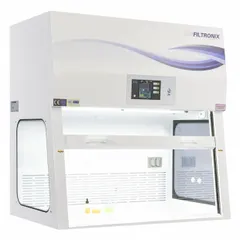 This ductless fume hood is fully assembled and includes a blower and work surface. It measures 35 3/8 inches wide, 4 feet high, and 29 1/2 inches deep. A base or stand is required but not included. Typical applications include containing hazardous fumes, vapors, and particulates in laboratory and industrial settings where portable contamination control is needed.