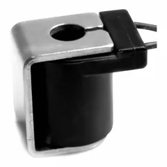 This Parker solenoid valve coil operates at 24V and features 18-inch leads for electrical connection. It is an F-style coil designed for actuating solenoid valves in fluid and gas control systems, providing electromagnetic force to open or close the valve.