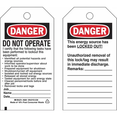 BRADY Danger Tag: Danger, Danger Do Not Operate, Write-On Surface, English, Danger - Safety