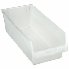 This clear plastic shelf bin is designed for organizing small parts, components, and hardware on shelving in warehouses, workshops, and industrial facilities. With overall length of 17 7/8 in and dimensions of 8 3/8 in x 6 in, it allows quick visual identification of contents. The bin is nesting capable for space-saving storage when not in use, but is not hangable and not electrostatic discharge conductive. Dividers are not included.