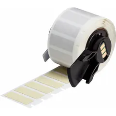 Precut label roll containing two sizes: 1 in x 1 in and 1 in x 3/8 in. Made of polyimide with permanent adhesive in yellow matte finish. Compatible with Brady M611 printer series. Used for industrial identification and labeling in environments requiring resistance to high temperatures and chemicals.