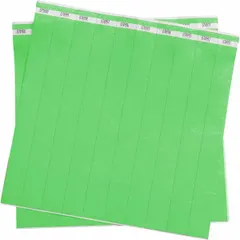 Tyvek® security wristband in green, 10 inches long and 1 inch wide, supplied in a pack of 500. The blank surface allows custom marking for identification and access control in events, hospitals, and industrial facilities.