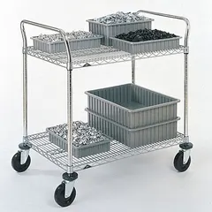 This utility cart features two flat, shallow lipped wire shelves with a zinc-plated finish. It has a 600 lb capacity and measures 36 in L x 24 in W x 39 in H. Equipped with four swivel casters, it is suited for transporting and organizing materials in commercial and industrial settings.