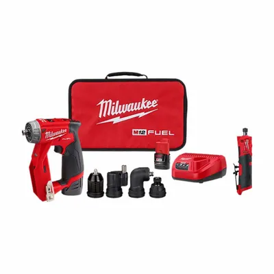 MILWAUKEE Tool Combination Kit: 2 Tools, Die Grinder/Drill, 12 V DC Volt, Battery Included - Milwaukee 12V Cordless Tool Combination Kits