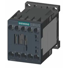 This Siemens non-reversing IEC contactor features 4 poles with 2 normally open and 2 normally closed contacts, rated at 12 A with a 24V AC coil. It is suitable for switching motors, lighting, and other industrial loads in control panels and machinery. No integrated surge suppression.