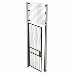 This swing door is a quick-assemble woven-wire partition component for creating secure access points in industrial storage areas, warehouses, and distribution centers. It measures 10 ft H x 3 ft W x 1 3/4 in D, is constructed of steel with a black powder-coated finish, and features a left-hand swing. Integrates with Husky Rack & Wire partition systems to control entry while maintaining visibility and airflow.