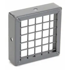 This steel outlet guard features a baked enamel finish and 1/2 in wire spacing. It includes mounting hardware and is OSHA compliant. Designed for use with model 2C940, it provides protection for electrical outlets in industrial ventilation applications.