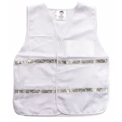 White polyester safety vest with hook-and-loop closure. Universal size fits over workwear. Suitable for high-visibility applications in industrial, construction, and warehouse environments.
