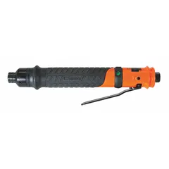 This inline air-powered screwdriver features a 1/4 in drive and operates at 1,100 RPM. It offers both lever and push-to-start activation with variable speed control. Rated for heavy-duty use, it is suited for industrial assembly tasks requiring precise fastener driving.