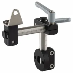 Sensor mount kit with two 100 mm stainless steel tubes, both with scale markings. Includes a clamping lever and M8 bracket hole. Used for positioning sensors in industrial automation and machine building.