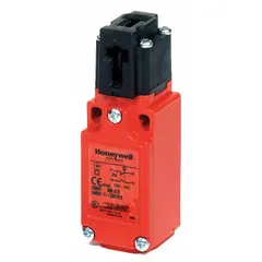 Key-actuated safety-interlock switch from the Honeywell GKE series. Features a 90° actuating key type with top key hole location and 1/2 in NPT conduit terminal connection. Used to monitor guard positions on industrial machinery, preventing operation when guards are open.