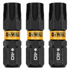 DEWALT Insert Torx Bit with T40 size, Torx head, and hex shank. Made from S2 steel. Sold as a 3-pack. Suitable for driving Torx fasteners in assembly, construction, and maintenance tasks.