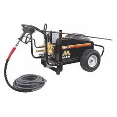 This cold water pressure washer operates at 5000 psi and 4 gpm, powered by a 15 hp motor on a 230 V three-phase supply. It features a belt-driven pump and is designed for cold water intake only. Suitable for heavy-duty cleaning tasks such as removing dirt, grease, and grime from equipment, surfaces, and machinery in industrial settings.