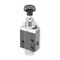 Three-way, two-position manual air control valve with button actuator and spring return. Normally closed poppet design with aluminum body and 1/8 in female NPT ports. Used to start, stop, or redirect compressed air flow in pneumatic systems for single-acting cylinder control or pilot signals.