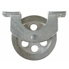 This PEERLESS upright-mount pulley block is designed for pulling operations with wire rope. It features a steel housing and steel sheave for strength, and is bolt-on mounted for secure installation. Suitable for industrial rigging and material handling applications.