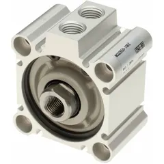 Single-acting compact air cylinder with 50 mm bore diameter and 20 mm stroke length. Features a non-magnetic piston, through-hole mount, and rotating rod design. Suitable for light-duty clamping, positioning, or ejecting in automated assembly and packaging machinery where compact force in tight spaces is required.