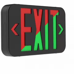 This LED exit sign features a black housing with red/green text and universal field-selectable chevrons for directional flexibility. It operates on 120/277 V AC and includes a nickel-cadmium emergency battery backup for illumination during power outages. Suitable for use in commercial and industrial facilities requiring egress lighting.