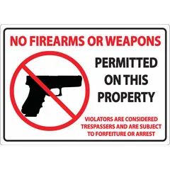 Plastic sign with mounting holes for wall installation. Nominal size 7 in x 10 in. Message states that firearms and weapons are not permitted and violators are considered trespassers subject to forfeiture or arrest. Not retroreflective and does not glow in the dark. Suitable for posting security policies on commercial or private property.
