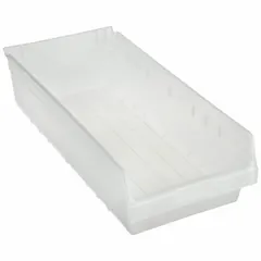 This clear plastic shelf bin is designed for organizing small parts, components, and tools on shelving in warehouses, workshops, and industrial facilities. Its clear finish allows quick visual identification of contents, and the nesting capability saves space when not in use. The bin measures 23 5/8 in overall length with a 11 1/8 in x 6 in footprint. It is not hangable and not electrostatic discharge conductive; dividers are not included.