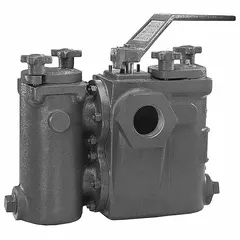 This duplex basket strainer is constructed with a 304 stainless steel screen (0.062 in mesh) and a fluoroelastomer gasket. It has 1 1/4 in NPT threaded connections and is designed for water service. The dual configuration allows one basket to be cleaned while the other remains in operation, supporting continuous flow in piping systems.