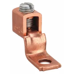 Straight mechanical lug with offset tongue for terminating copper wire from 14 AWG to 6 AWG. Unplated copper body with 13/64 in stud size. Used in electrical panels, switchgear, and power distribution systems.