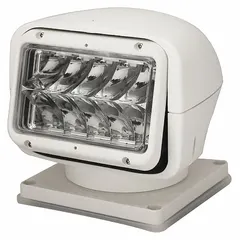 White LED spot light with handheld remote control. Features magnetic mount and blunt cut wires for permanent installation. CE certified. Suitable for service trucks, emergency vehicles, and construction equipment requiring remote-controlled directional lighting.