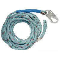This vertical rope lifeline is a fall protection component for single-worker systems. It consists of a 50 ft blue copolymer rope with a steel snap hook and taped end, rated for 310 lb capacity. Designed for use with rope grabs, shock-absorbing lanyards, full body harnesses, and anchorages in construction, maintenance, and industrial applications