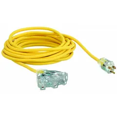 This 25-foot outdoor extension cord features three grounded outlets and a NEMA 5-15P plug. The 14/3 SJTOW jacket resists weather, oil, and abrasion, with a temperature range of -58° to 194°F. Suitable for supplying temporary power to tools, lights, or equipment in outdoor work areas.
