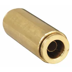 Brass push-to-connect union fitting with 3/8 in OD tube connections on both ends. Designed for pneumatic and air brake systems, allowing tool-free assembly and disassembly. Corrosion-resistant brass construction suitable for use in truck, trailer, and industrial air lines.