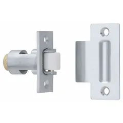Brass roller grab catch with pull opening action. Height 2-1/4 in, width 1-1/8 in. Used for securing cabinet doors, cupboards, and light-duty access panels in commercial and industrial settings.