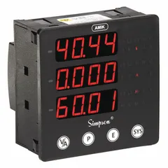 Multi-function digital panel meter with 9,999 display span, accepting 100 V AC to 500 V AC input. Features red LED display, True RMS measurement, and +/-1% accuracy. Screw clamp connection. Suitable for AC voltage monitoring in industrial control panels.