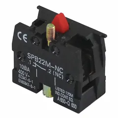 This contact block features a normally closed (1NC) momentary switch action with screw terminals for secure wiring. It is designed for 22 mm panel mounting and compatible with Universal series operators. Typical applications include machine start/stop circuits, safety interlocks, and process control systems requiring a temporary circuit break.