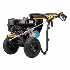 Gas-powered cold water pressure washer on a cart. Delivers 3800 psi at 3.5 gpm. Rated for 20 hours of use per week. Suitable for cleaning equipment, machinery, concrete, and vehicles in construction, agriculture, and industrial settings.