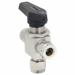 This Parker manual three-way ball valve features a 316 stainless steel body with an L flow pattern and standard port ball port. It is operated by a lever handle and has a 3/8 inch port size. Suitable for diverting or mixing flow in industrial piping systems requiring corrosion resistance.