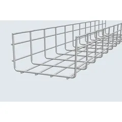 Straight section wire mesh tray for supporting and routing electrical cables. Made of steel with a zinc-plated finish. Dimensions: 24 in wide, 4 1/4 in high, 10 ft long. Weight: 129 lb. Open mesh design promotes airflow and simplifies cable management in industrial, commercial, and data center installations.