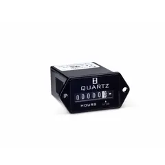 Analog hour meter with rectangular flange mount and 1 in x 1 1/2 in face. Operates on 10 V DC to 80 V DC, displays tenth-hour increments. NEMA 4 enclosure rating suitable for indoor or outdoor use where dust and water spray are present. RoHS compliant.