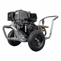 Cart-mounted cold water pressure washer delivering 4200 psi at 4 gpm. Powered by an 11 11/16 hp Honda engine. Suitable for cleaning concrete, equipment, and vehicles in commercial and construction settings.